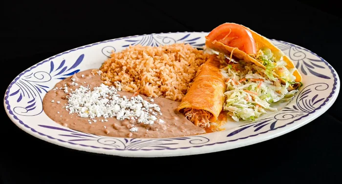 Combination plate with rice and refried beans