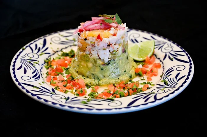 Pineapple prawn ceviche tower with guacamole